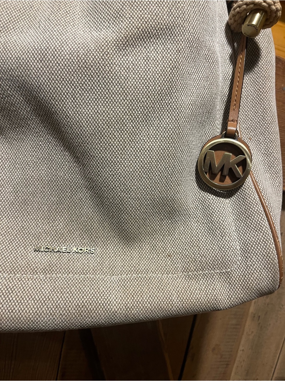 Michael Kors Tan Canvas Tote with Rope Handles and MK Charm - Picture 2 of 3
